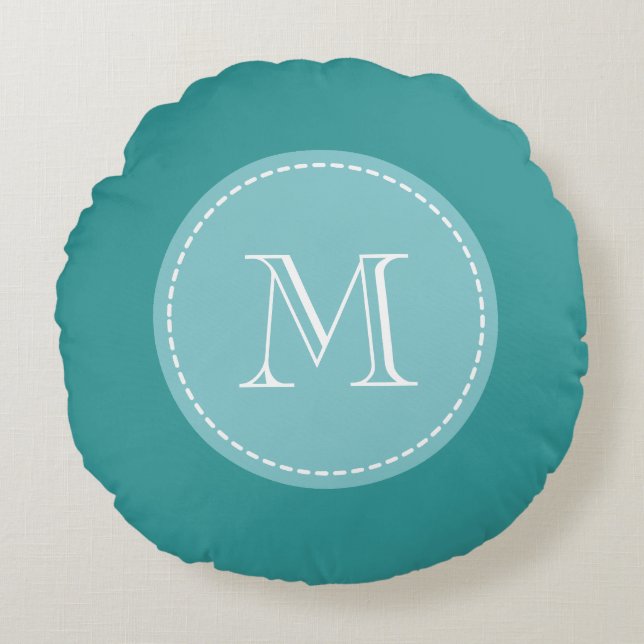 Turquoise blue gepersonaliseerde monogram ronde ku rond kussen (Voorkant)
