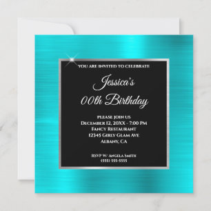 Turquoise Blue Glam Silver Black Lijst Birthday Kaart