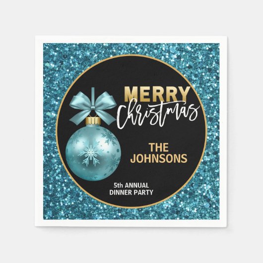 Turquoise Blue Glitter Jaarlijks Kerstdiner Servet (Voorkant)