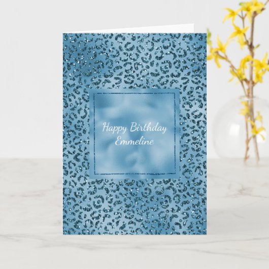 Turquoise Blue Glitter Leopard Print Kaart (Gele Bloem)