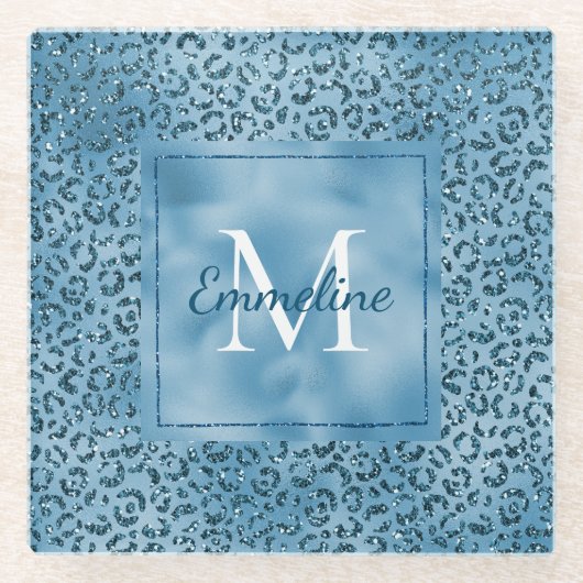 Turquoise Blue Glitter Leopard Print Monogram Glazen Onderzetter (Voorkant)