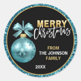 Turquoise Blue Glitter Merry Kerstmis Ronde Sticker