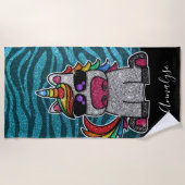 Turquoise Blue Glitter Rainbow Unicorn Zebra Strandlaken (Voorkant)