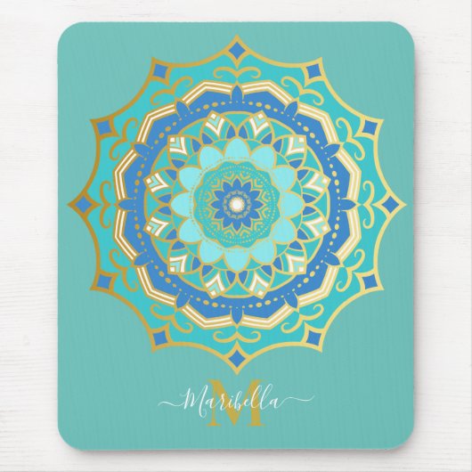 Turquoise Blue Gold Boho Mandala Muismat (Voorkant)
