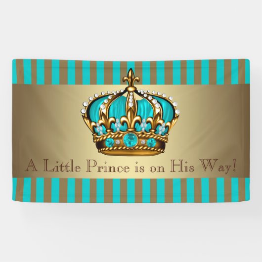 Turquoise Blue Gold Crown Prince Baby shower Spandoek (Horizontaal)