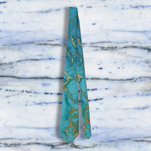 Turquoise blue Gold Foil marble Stone Rock Stropdas