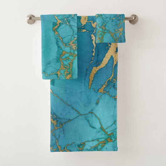 Turquoise Blue Gold Marble Stone Rock Metallic Bad Handdoek (Insitu)