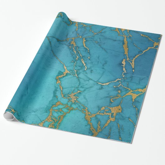 Turquoise Blue Gold Metallic marmer Stone Cadeaupapier (Uitgerold)