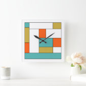 Turquoise Blue Gold Oranje Color Block Mid Mod Vierkante Klok (Huis)