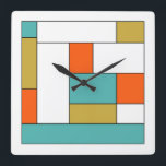 Turquoise Blue Gold Oranje Color Block Mid Mod Vierkante Klok<br><div class="desc">Deze geweldige moderne klok uit de midden van de eeuw biedt rechthoekige kleurenblokken in aquablauw,  goud,  oranje,  wit en zwart. Doe wat plezier aan je muur!</div>