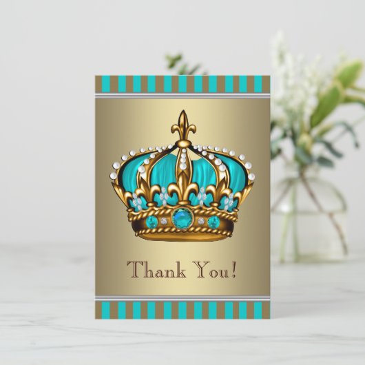 Turquoise Blue Gold Prince Baby shower Bedankt (Staand voorkant)