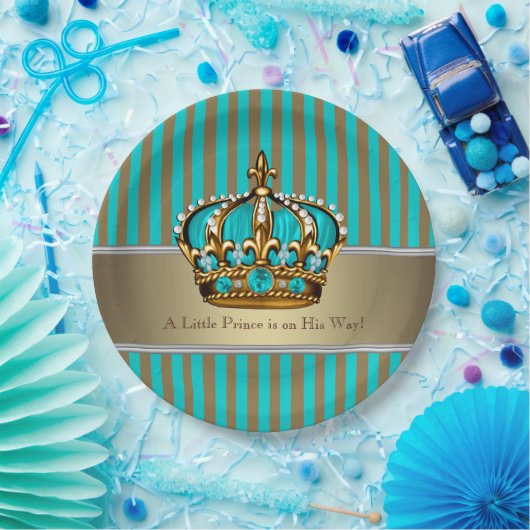 Turquoise Blue Gold Prince Baby shower Papieren Bordje (Feest)