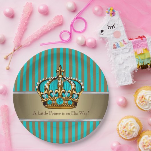 Turquoise Blue Gold Prince Baby shower Papieren Bordje (Feest)