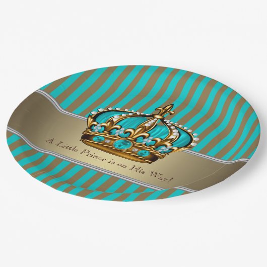 Turquoise Blue Gold Prince Baby shower Papieren Bordje (Gekanteld)