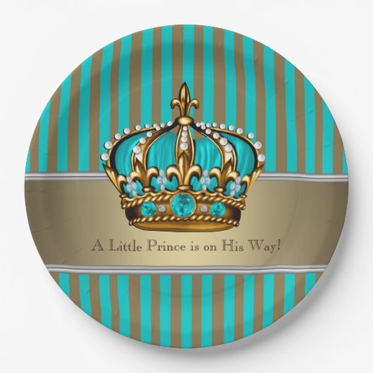 Turquoise Blue Gold Prince Baby shower Papieren Bordje (Voorkant)