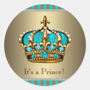 Turquoise Blue Gold Prince Baby shower Stickers