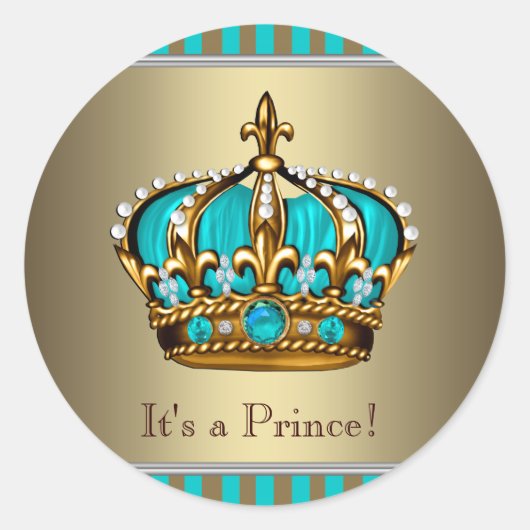 Turquoise Blue Gold Prince Baby shower Stickers (Voorkant)