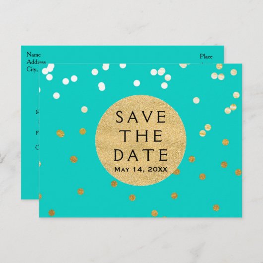 Turquoise Blue & Gold Shiny Confetti Save the Date Aankondigingskaart (Voorkant / Achterkant)