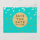 Turquoise Blue & Gold Shiny Confetti Save the Date Aankondigingskaart (Voorkant)