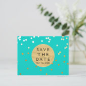 Turquoise Blue & Gold Shiny Confetti Save the Date Aankondigingskaart (Staand voorkant)