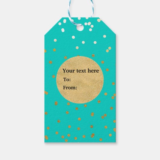 Turquoise Blue & Gold Shiny Confetti Stippen Moder Cadeaulabel (Voorkant)