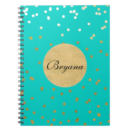Turquoise Blue & Gold Shiny Confetti Stippen Moder Notitieboek (Voorkant)