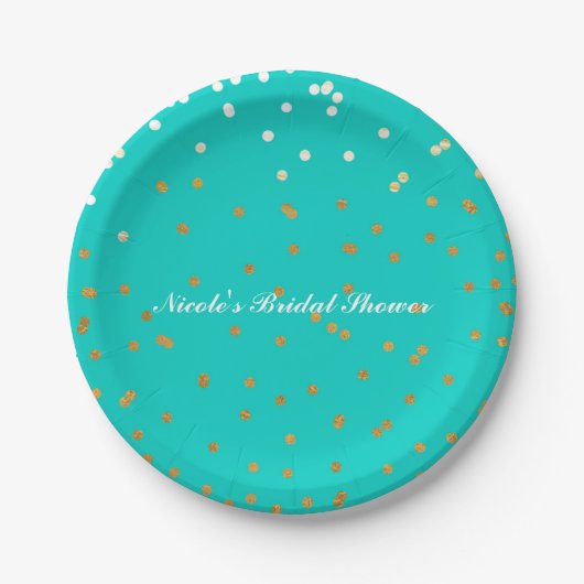 Turquoise Blue & Gold Shiny Confetti Stippen Moder Papieren Bordje (Voorkant)