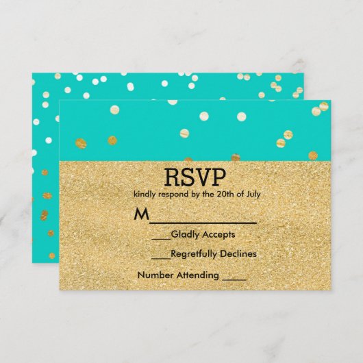 Turquoise Blue & Gold Shiny Confetti Stippen RSVP (Voorkant / Achterkant)
