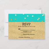 Turquoise Blue & Gold Shiny Confetti Stippen RSVP Kaartje (Voorkant)