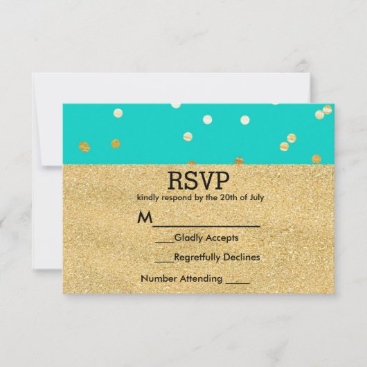 Turquoise Blue & Gold Shiny Confetti Stippen RSVP Kaartje (Voorkant)