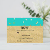 Turquoise Blue & Gold Shiny Confetti Stippen RSVP Kaartje (Staand voorkant)