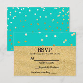 Turquoise Blue & Gold Shiny Confetti Stippen RSVP Kaartje (Voorkant / Achterkant)