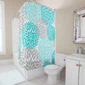 Turquoise Blue Gray Floral bloesems Douchegordijn (In situ)