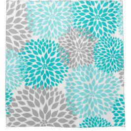 Turquoise Blue Gray Floral bloesems Douchegordijn
