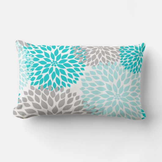 Turquoise Blue Gray Floral Dahlias Mums pillow Kussen (Voorkant)