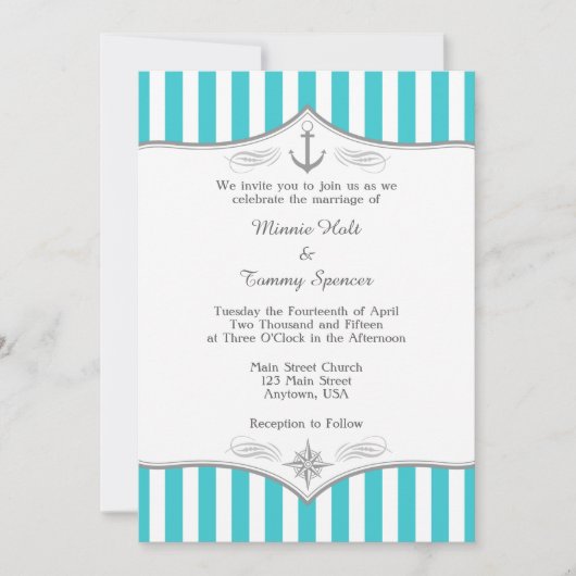 Turquoise Blue Gray Nautical Wedding Invitation Kaart (Voorkant)