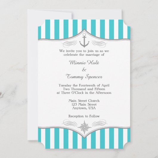 Turquoise Blue Gray Nautical Wedding Invitation Kaart (Voorkant)