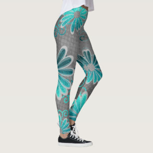 Turquoise Blue Gray Ombre Glitter Daisy Sparkles Leggings