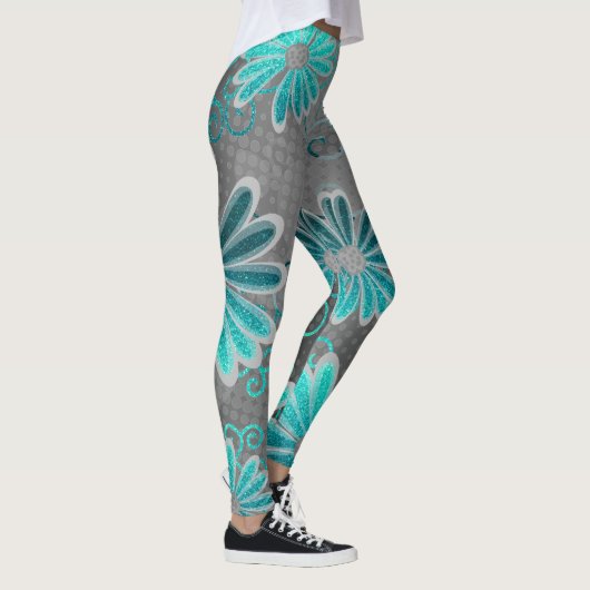 Turquoise Blue Gray Ombre Glitter Daisy Sparkles Leggings (Rechts)