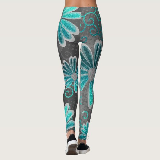 Turquoise Blue Gray Ombre Glitter Daisy Sparkles Leggings (Achterkant)