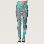 Turquoise Blue Gray Ombre Glitter Daisy Sparkles Leggings (Voorkant)