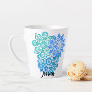 Turquoise Blue Green Colorful Floral Mandalas Latte Mok