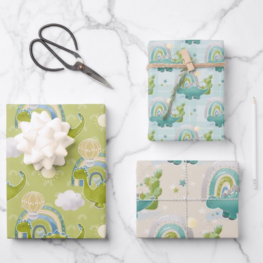 TURQUOISE BLUE GREEN DINOSAURS & RAINBOWS INPAKPAPIER VEL (Voorkant)