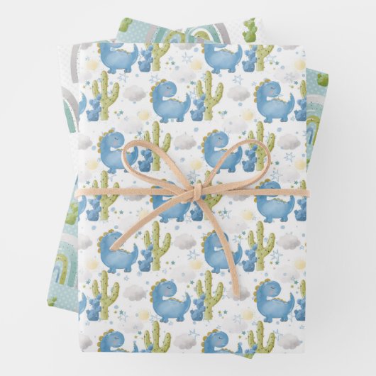 TURQUOISE BLUE GREEN DINOSAURS & RAINBOWS INPAKPAPIER VEL (In situ)