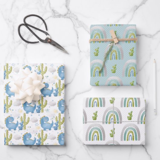 TURQUOISE BLUE GREEN DINOSAURS & RAINBOWS INPAKPAPIER VEL (Voorkant)