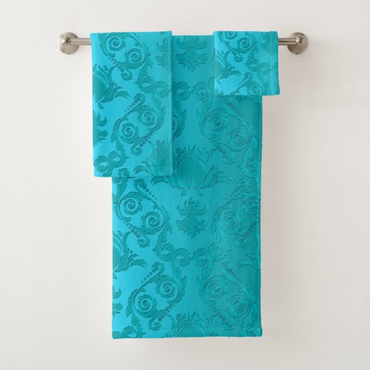 Turquoise Blue Green Floral Damask Towel Set Bad Handdoek (Insitu)