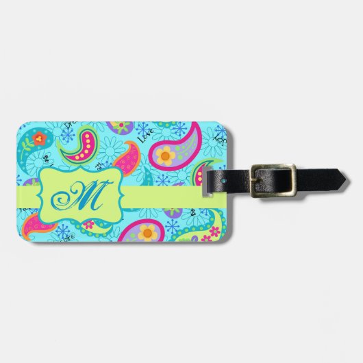 Turquoise Blue Green Modern Paisley Monogram Bagagelabel (Voorkant horizontaal)
