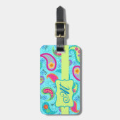 Turquoise Blue Green Modern Paisley Monogram Bagagelabel (Voorkant verticaal)