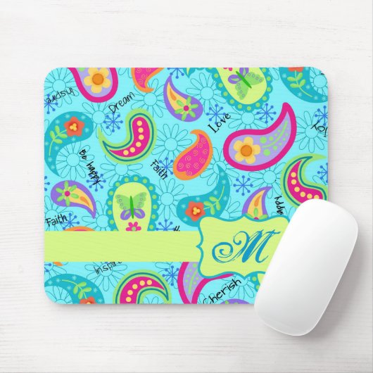 Turquoise Blue Green Modern Paisley Monogram Muismat (Met muis)