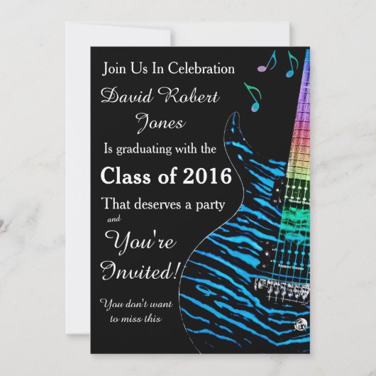 Turquoise Blue Guitar Afstuderen Invitation Kaart (Voorkant)